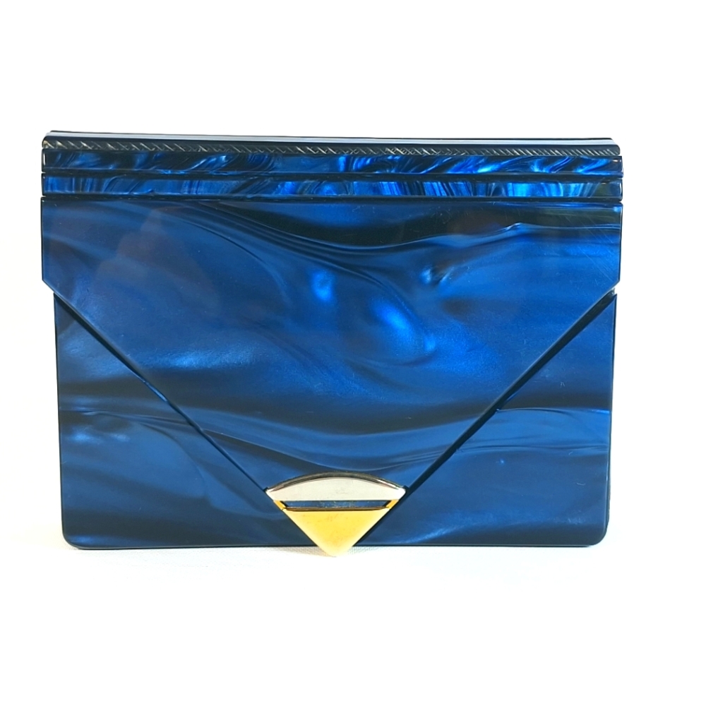 Vintage 50s Pearl Lucite Metallic Blue Black Leather Clutch Purse
